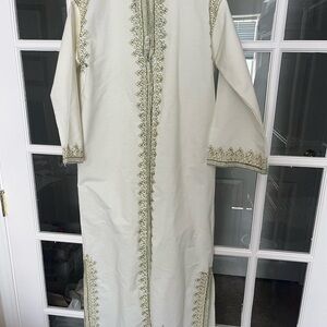 Vintage Indian Moroccan Middle Eastern Style Kaftan Tunic Long Cream Green